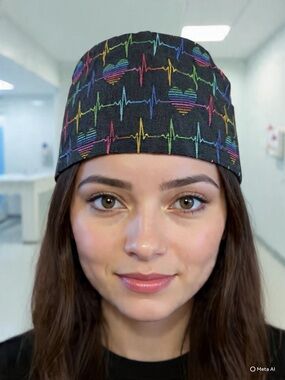 Handmade Frosty Snowman Scrub Cap/ Nurse Hat with Cheer Scattered Throughout.